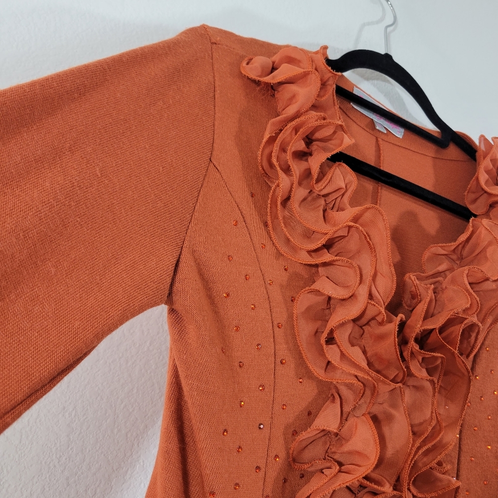 PRETTY ANGEL terracotta linen blend ruffle collar lace tulle trim cardigan - Picture 5 of 9